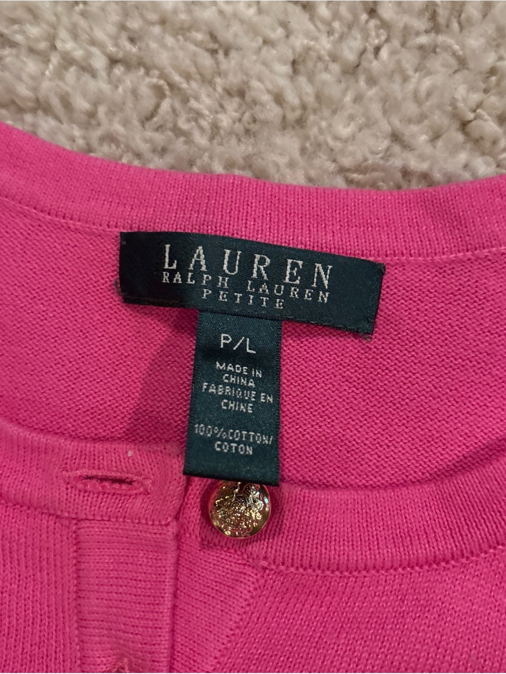 Lauren Ralph Lauren Women’s Petite Size Large Pink 3/4 Sleeve Gold Button Top - Picture 2 of 5